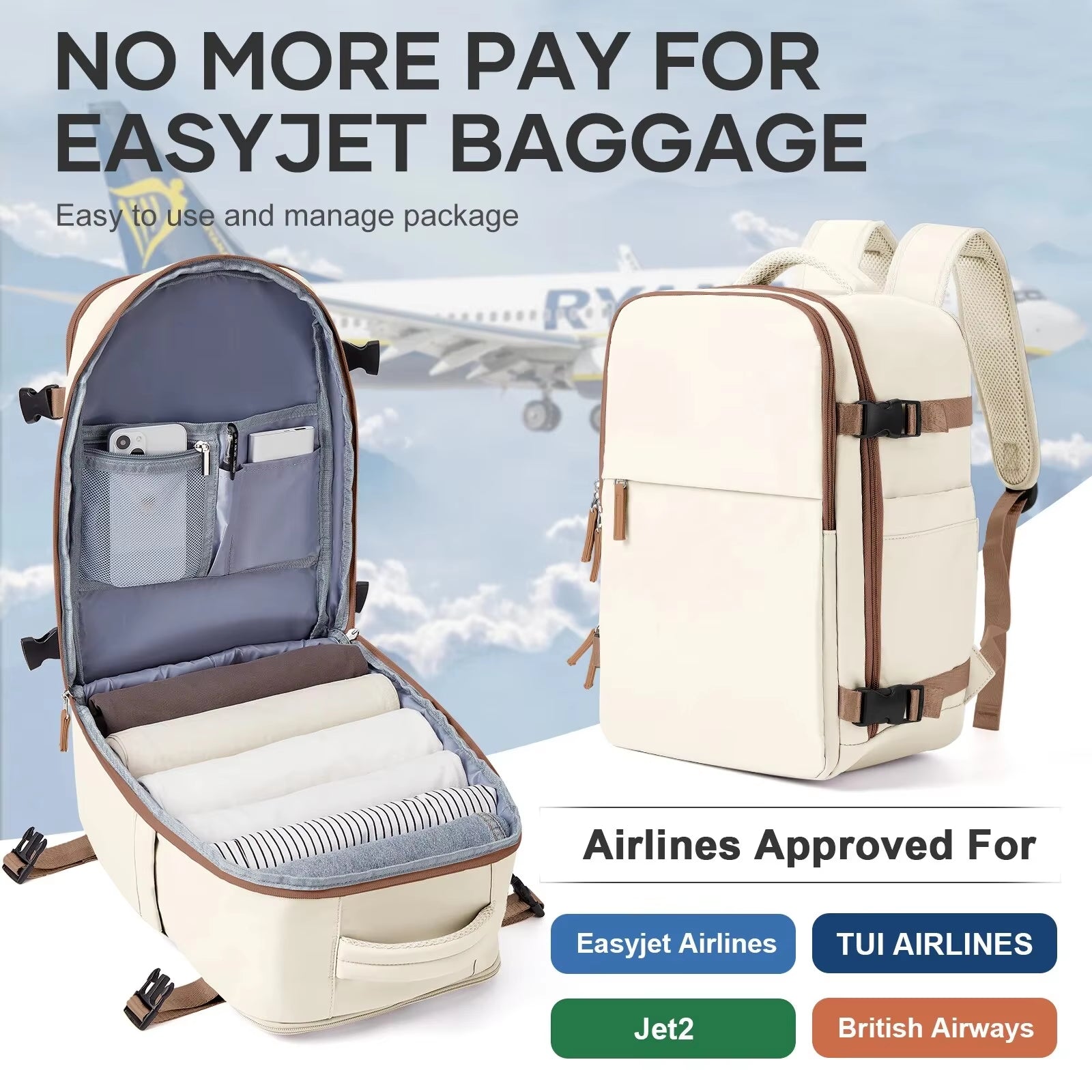 Airplane Bag, Ryanair Cabin Backpack 40X20X25 Easyjet Bag 45X36X20 Business Travel Backpack, Laptop Waterproof Backpack