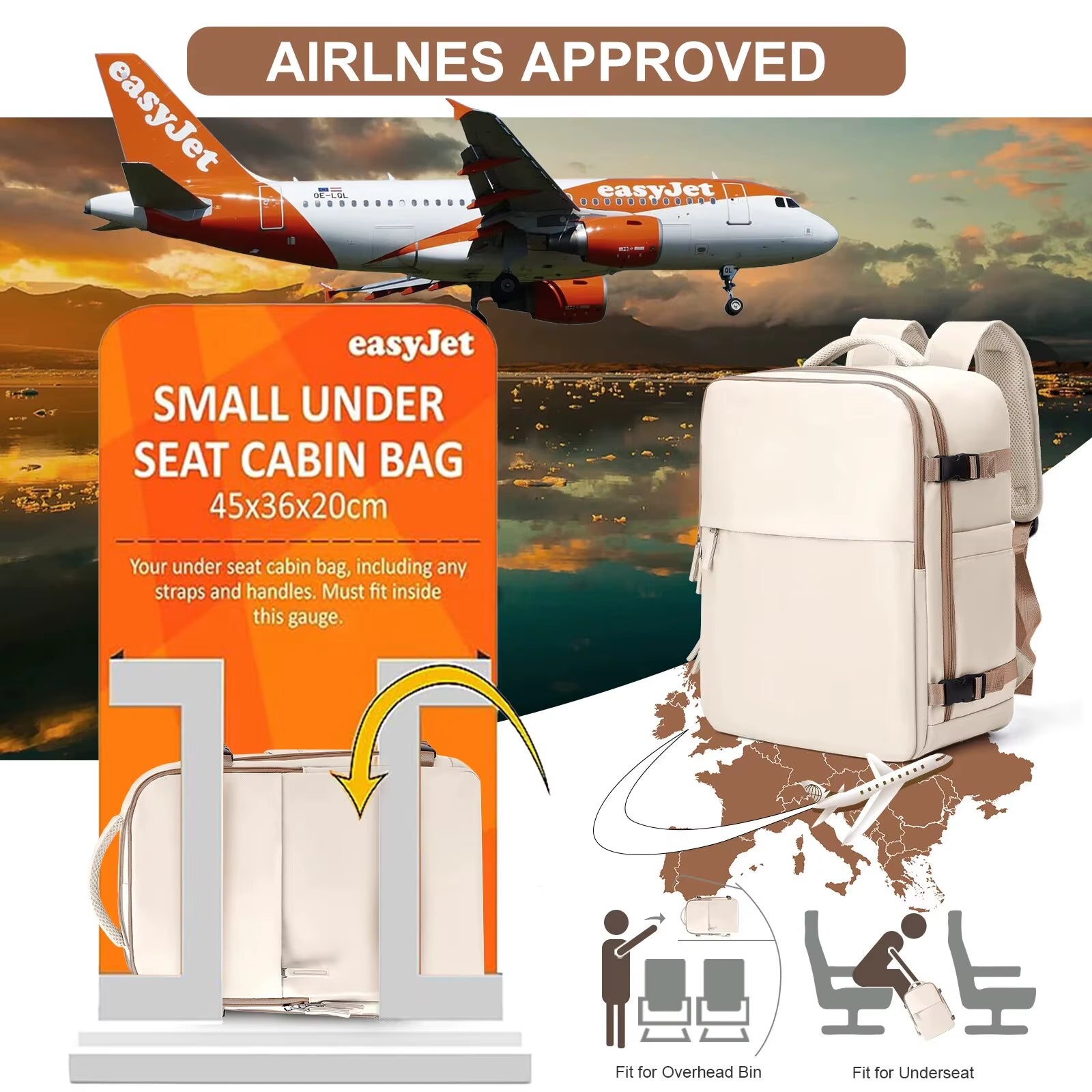 Airplane Bag, Ryanair Cabin Backpack 40X20X25 Easyjet Bag 45X36X20 Business Travel Backpack, Laptop Waterproof Backpack